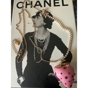 Betsey Johnson XL Enamel & Crystals Bow Pink Strawberry Necklace